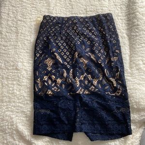 ANGL Embroidered Pencil Skirt in Navy- Size Medium